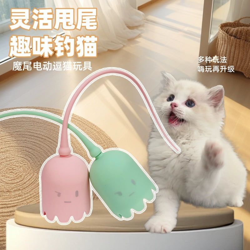 Cat Toys Cat Self-Hiking Silicone Tail Bite-Resistant Automatic Rotating Rolling Ball Clicking Self-Hiking Cat Toy Stick
